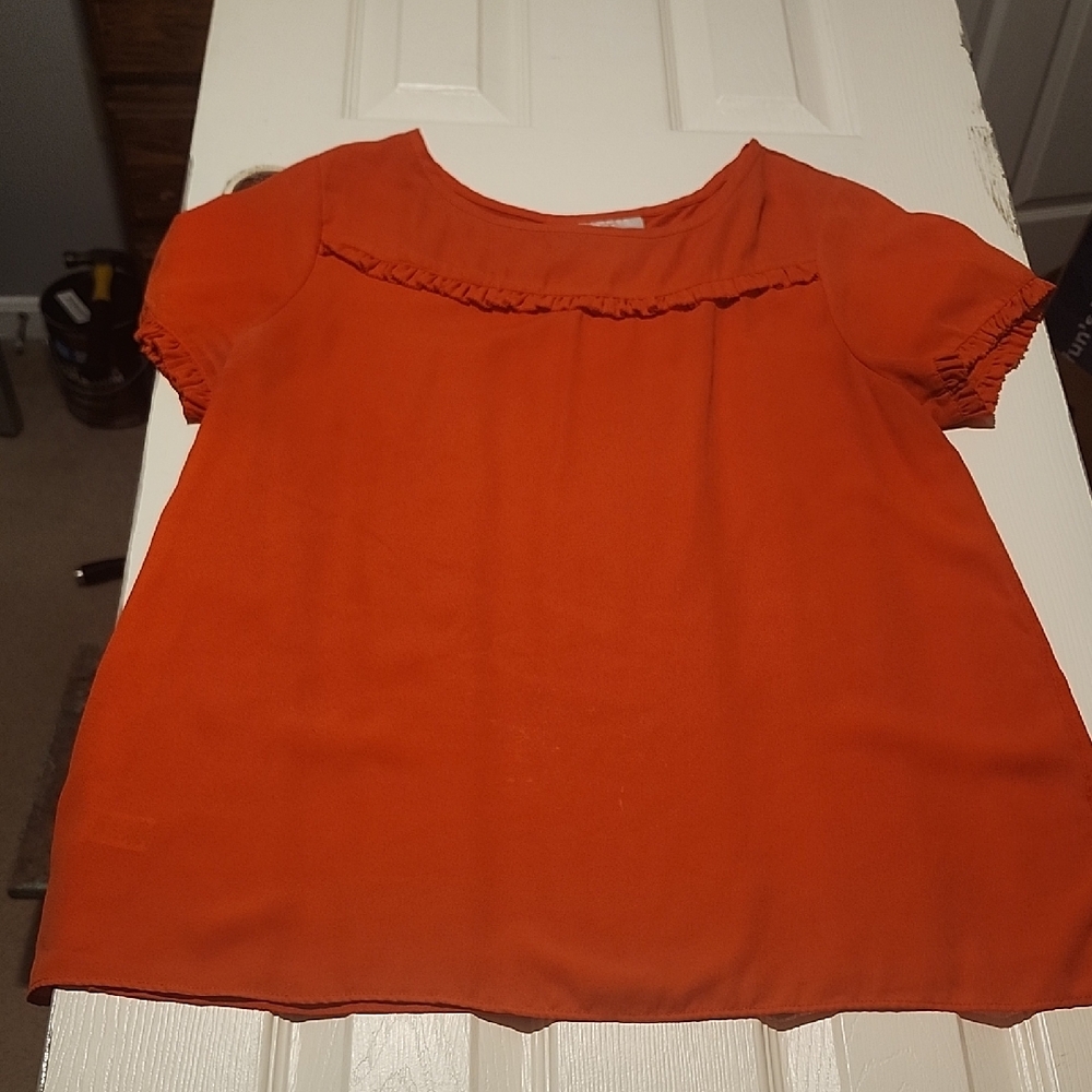Large LOFT Vibrant Orange Ruffle Blouse Short Sleeve